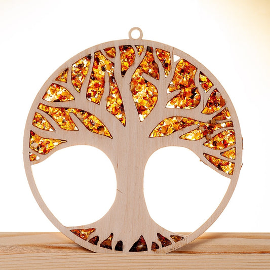 Suncatcher ambre en bois de bouleau - arbre de vie